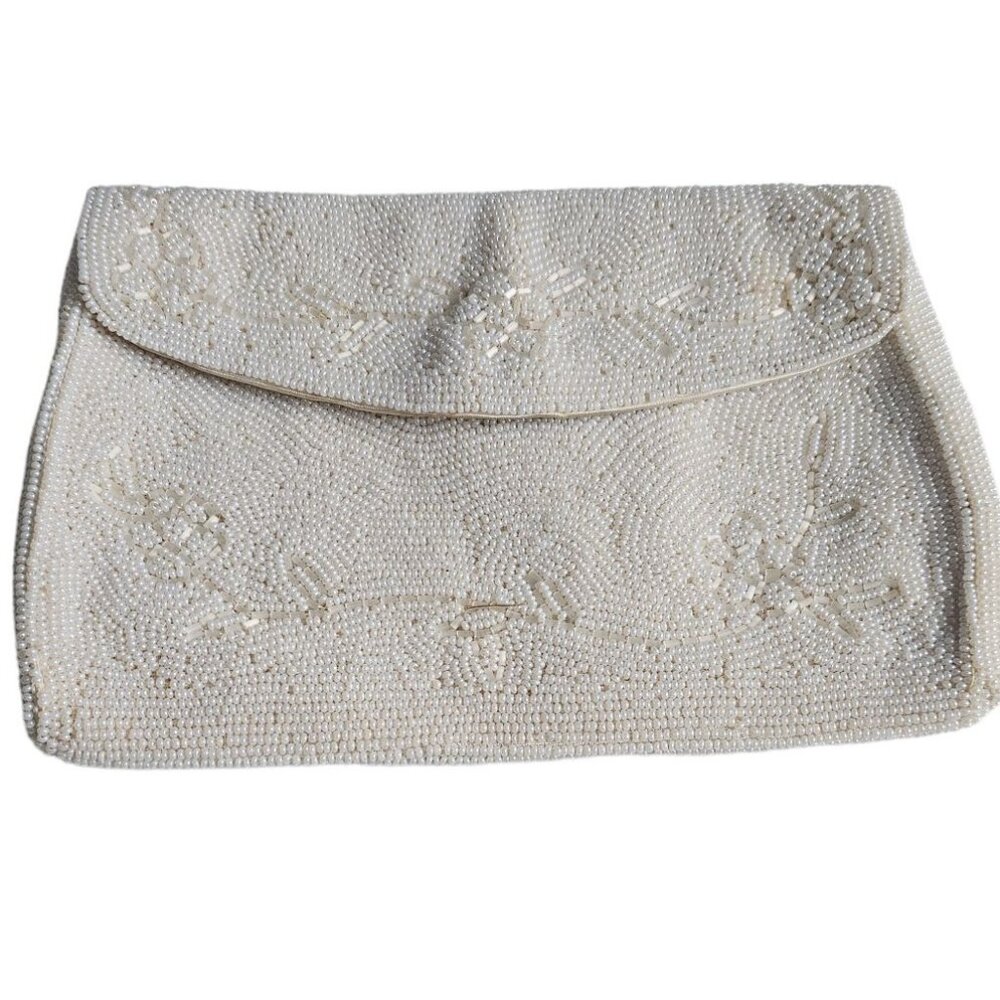 Vintage Hand-Beaded Ivory Clutch Purse Made in Japan Bridal bag